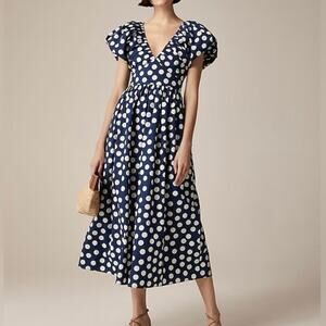 J.Crew Cecily Midi Dress Polka Dot Print Navy Blue Size 24 NWT